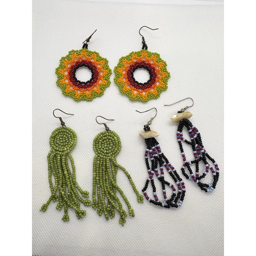 Lot of 3 Handmade Beaded‎ Earrings Boho Fringe Floral Tribal Statement Dangle